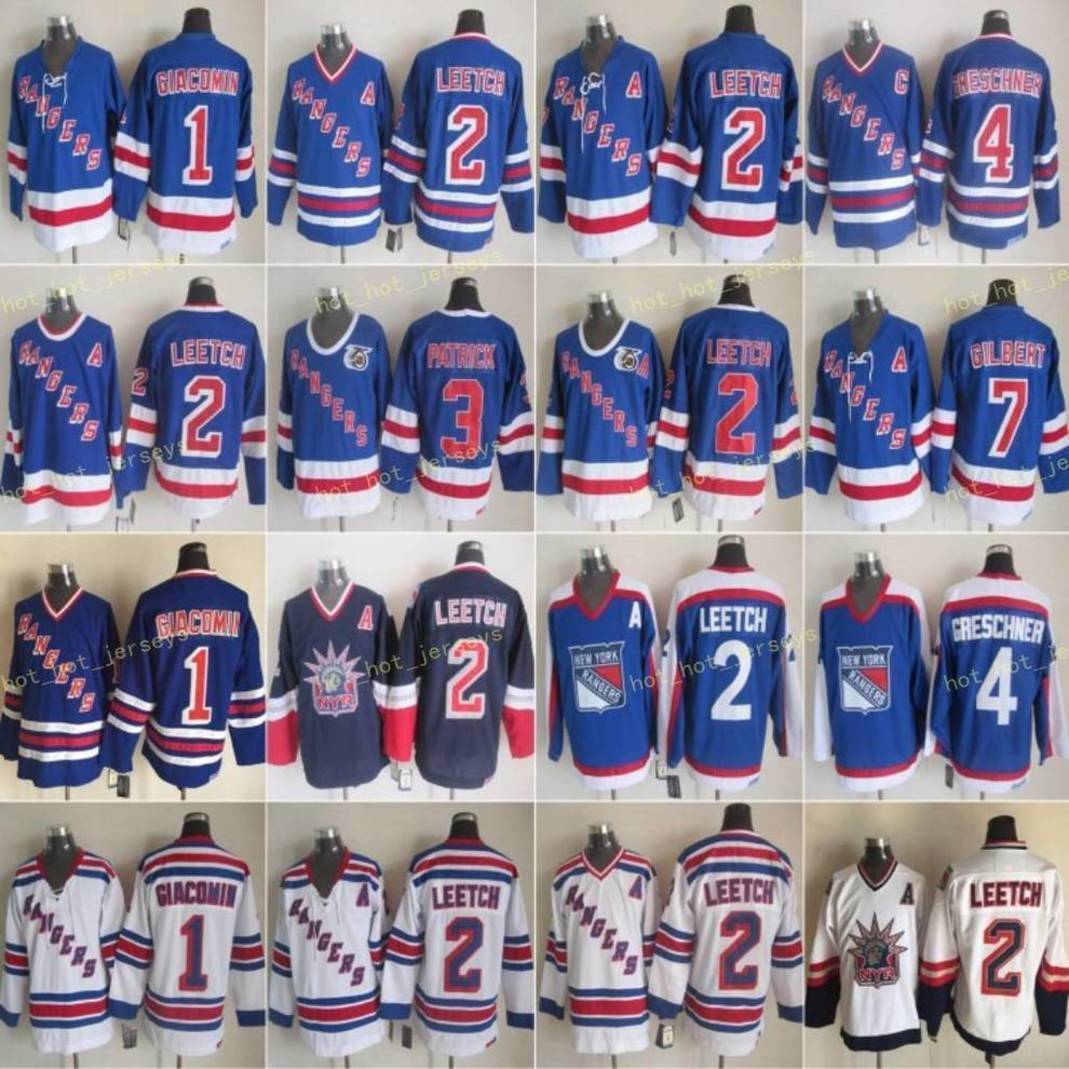 

New York Rangers 1 Eddie Giacomin Jersey Men Hockey 2 Brian Leetch 3 James Patrick 4 Ron Greschner 7 Rod Gilbert White Blue Vintage CCM, Black;red