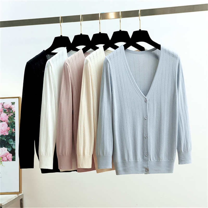 

Summer Thin Knitted Cardigans Sweater Women V-neck Single Breasted Office Lady Solid 210520, Apricot