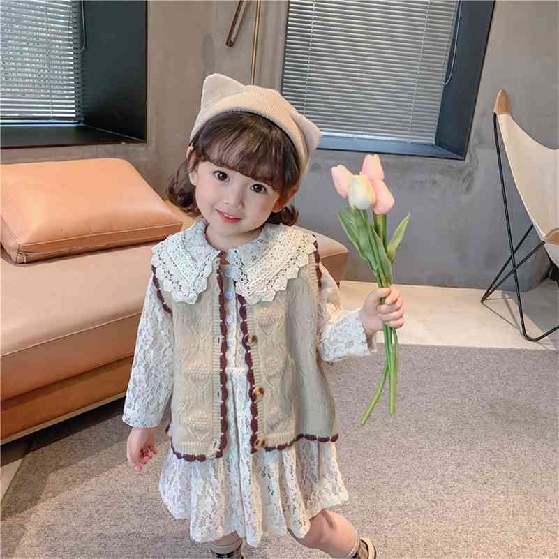 

Spring Autumn fashion girls knitted waistcoat and lace princess dress 2pcs sets Girl all-match outfits 210708, 2pcs set