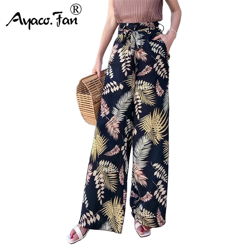 

Summer Vintage Boho Wide Leg Pants High Waist Loose Floral Print Long Women Trousers Casual Lady Holiday Beach 210915, A126