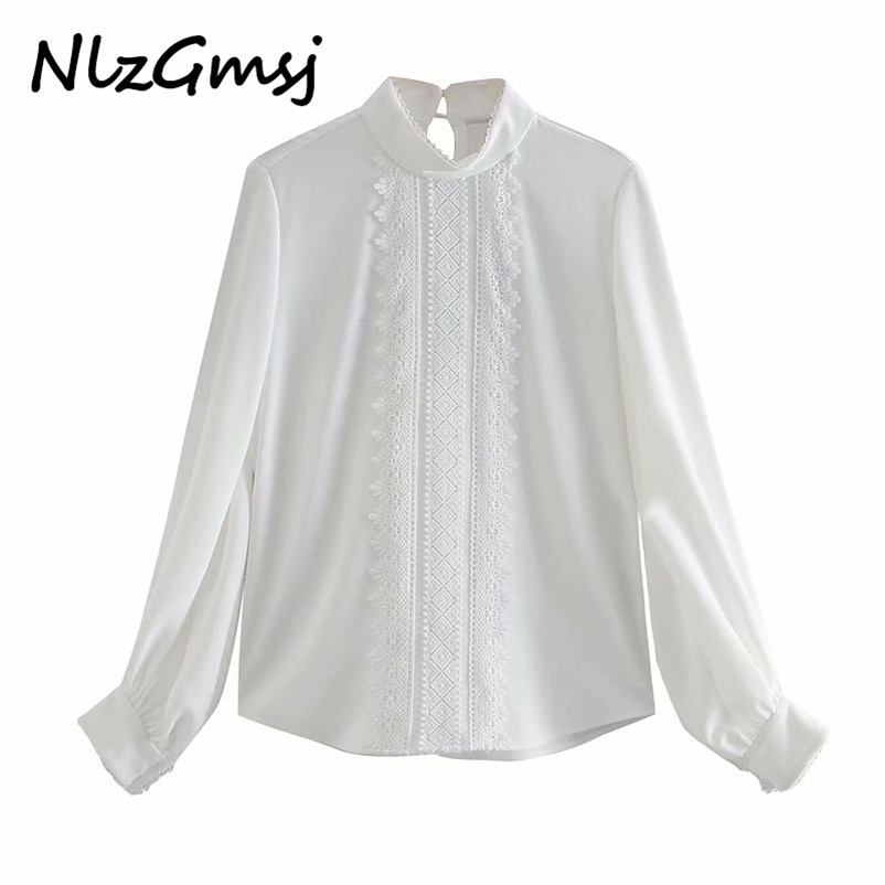 

Women Fashion With Lace Pleated Office Wear Blouses Vintage High Neck Long Sleeve Female Shirts Chic Tops 210628, As picture