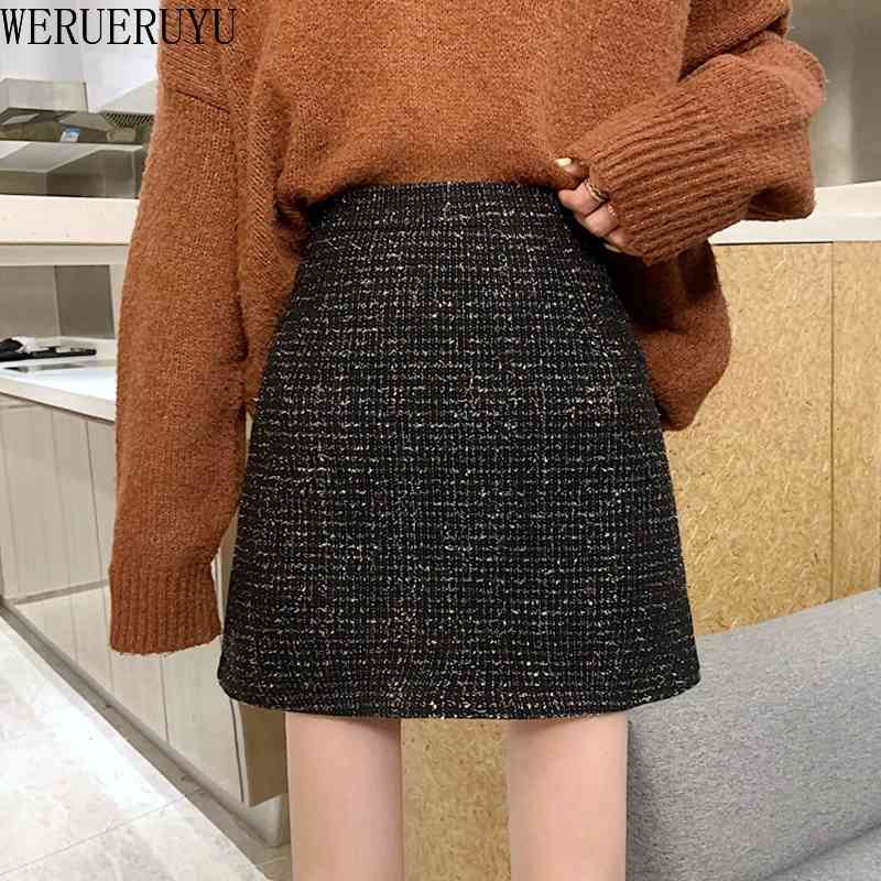 

WERUERUYU Black Tweed Skirts Women Autumn Mini Pencil Skirts Plaid Wool Skirts Korean High Waist Elegant Office Lady Skirt 210608, Photo color