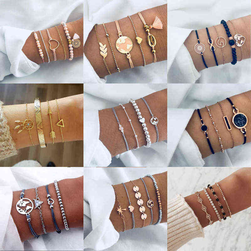 

Tocona Bohemian Beads Chain Bracelets Bangles for Women Fashion Vintage Heart Compass Gold Color Sets Jewelry