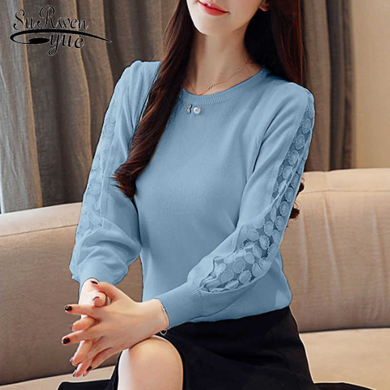 

Spring Casual Lace Solid Women Clothing Elegant Autumn Fashion Women Blouses Long Sleeve O-neck Tops Blusas Mujer 210527, Apricot