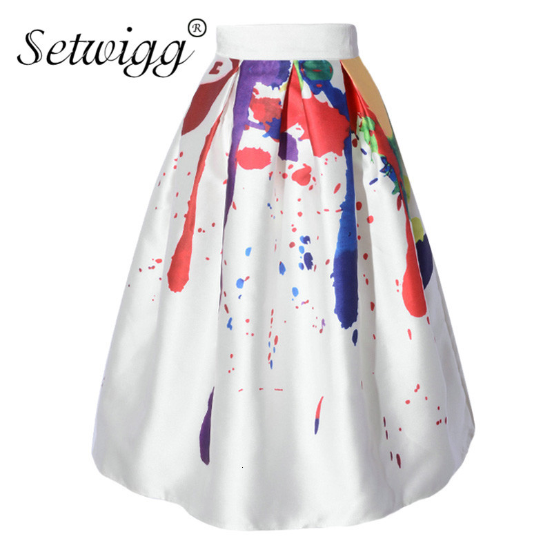 

skirts Plus Size Korean Style Palette Print Midi Pleated Spring High Waist Colorful Graffiti Printed A-line Knee Skirts, Beige