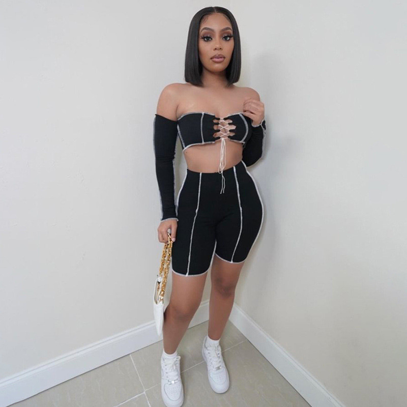

Off Shoulder Sexy Top+Biker Shorts Matching Sets Women Patchwork Bandage Backless 2 Piece Outfits Street Style Summer Set, Black