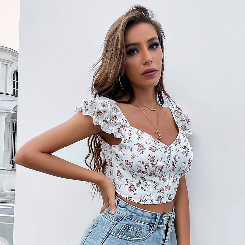 

Women Fashion Floral Printed Crop Top Summer Sweet Puff Short Sleeve Pleated Slim Fit Short Zipper Blouse, White