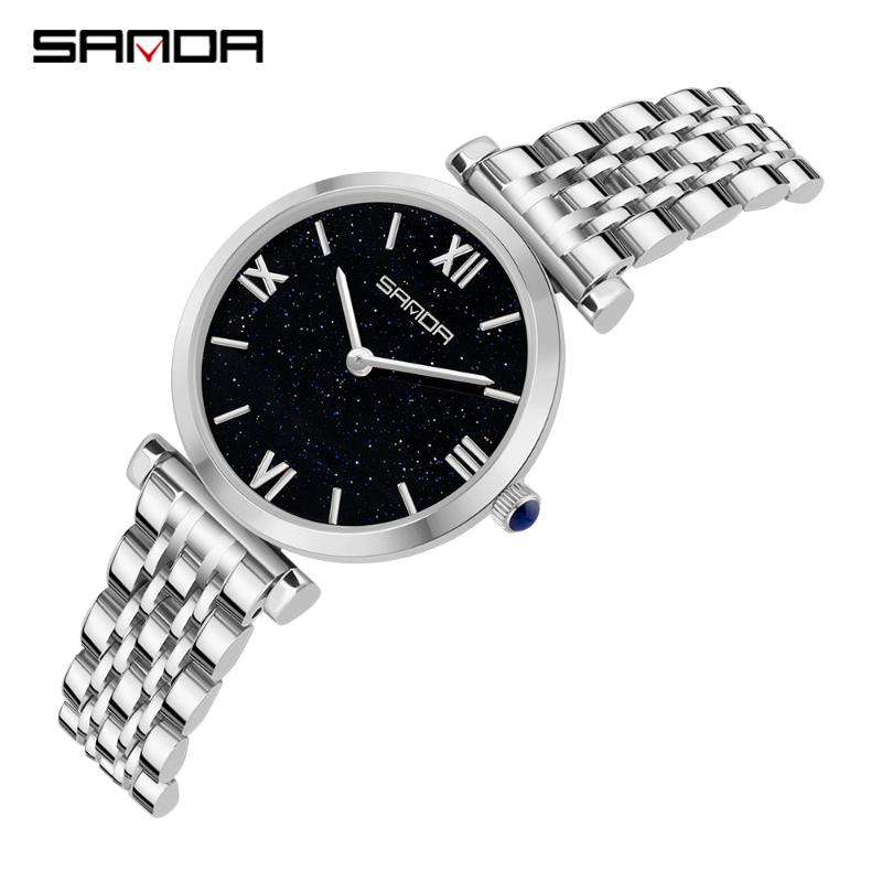 

Wristwatches Sanda Top Golden Women Full Steel Watches Elegant Ladies Watch Gold Clock For Quartz Relogio Feminino, Silver