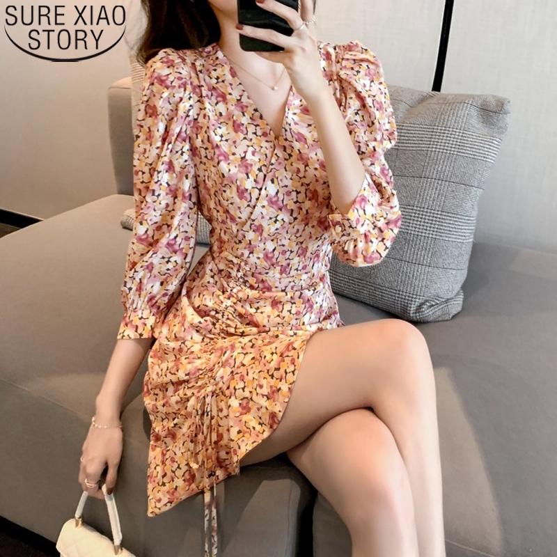 

Casual Dresses Vintage Floral Chiffon Dress Women 2022 French Style Party V-neck High Waist Long Sleeve Mini Vestidos Robe 13263, Black;gray
