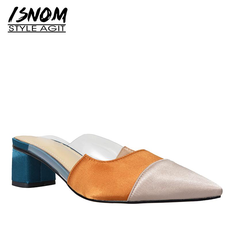 

Slippers ISNOM Transparent Pvc Summer Satin Woman 2021 Women Slides Shoes Female High Heels Mules Pointed Toe Party, Black