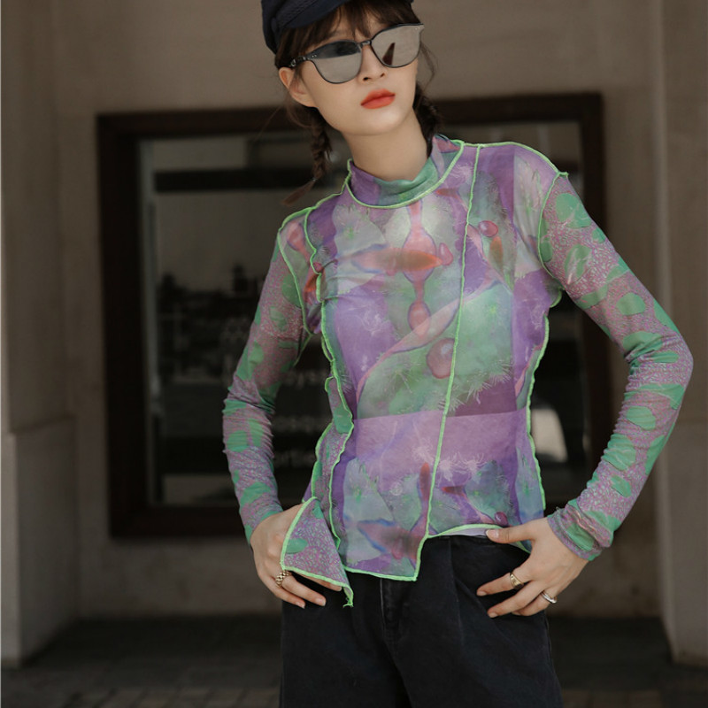 

Aesthetic Crewneck Long Sleeve Mesh Top Purple Green Blouse Women See Through Patchwork Designer Fashion Clothes 210429, Beige