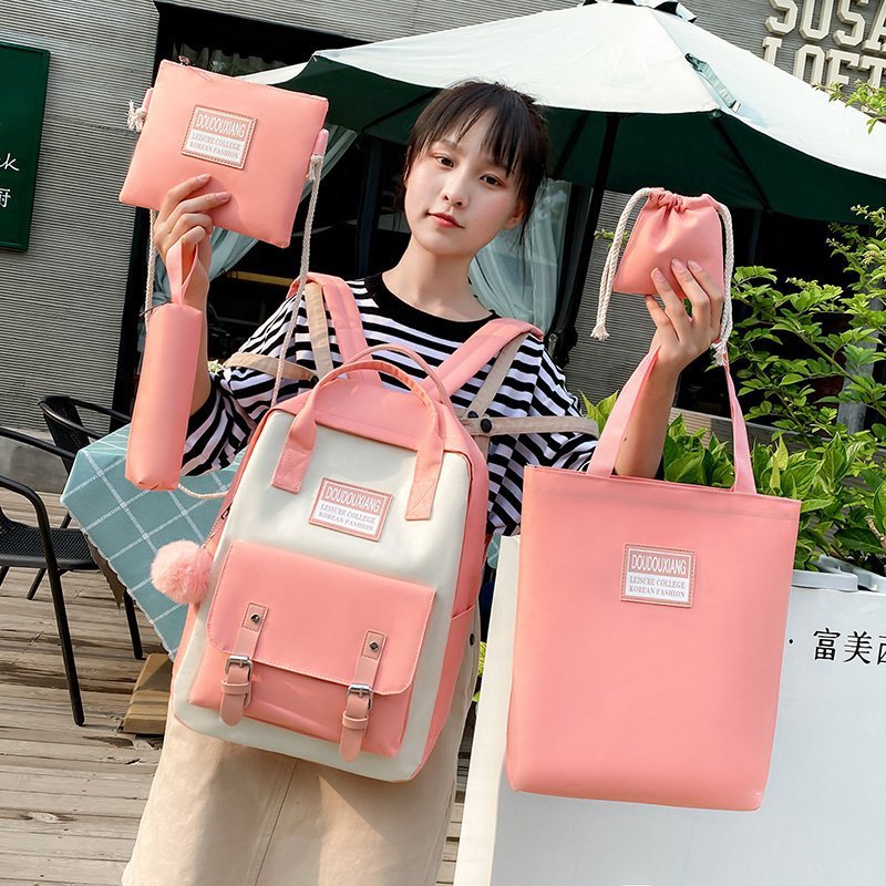 

Designers Bag Canvas Backpack 2021 Korean Version Small Fresh Five Piece Schoolbag Wind Backpacks Of Forest College, Green