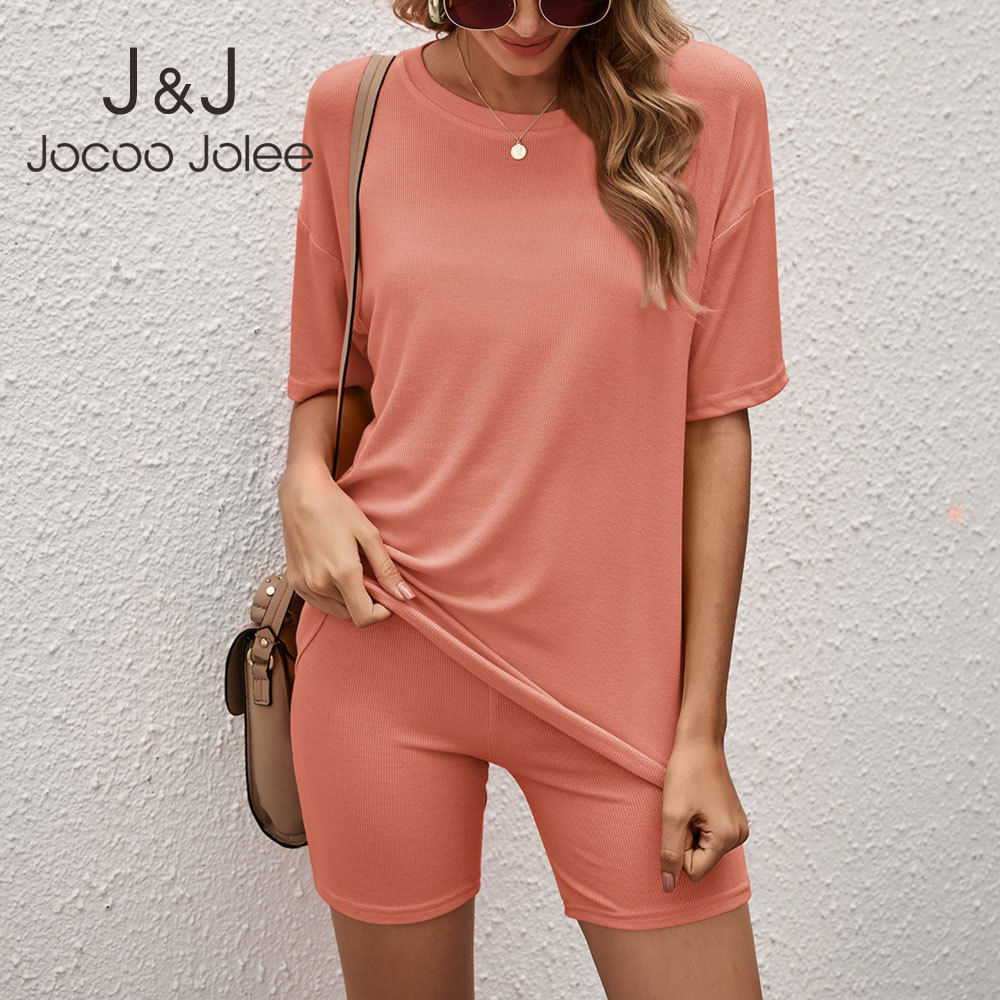 

Jocoo Jolee Women Solid Tracksuit 2Pcs Sets Casual Solid Short Sleeve O Neck T Shirt and Shorts Suits Summer Outfit Homewear 210518, As photo