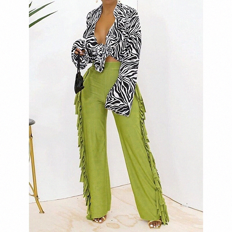 Women's Trousers Culottes Wide Leg Tassel Fringe Full Length Pants Casual Streetwear Stretchy Solid Colored High Waist Green Black S M L P3h1#