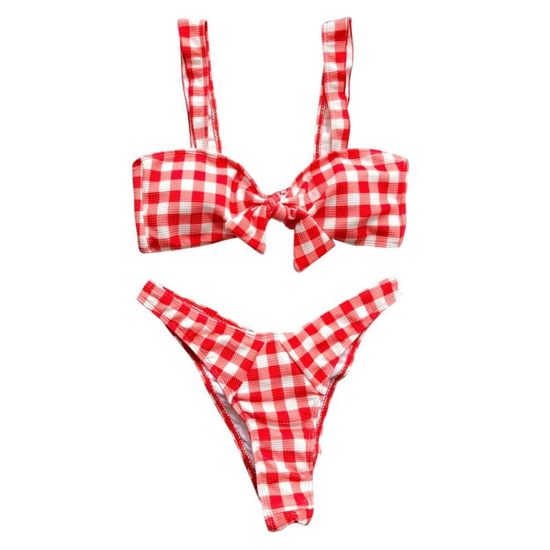 

Women' Swimwear 2021 Pink Front Bow Micro Bikini Set Swimsuit Women Sexy Thong Plaid Knot Biquinis Push UP Ruffle Beach, Black