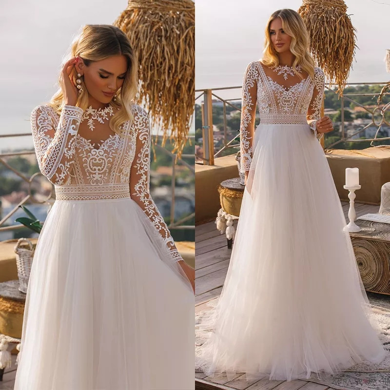 

Vintage Long Sleeve Boho Wedding Dresses Bridal Gowns 2021 Lace Jewel Neck Plus Size A Line Beach vestido de novia, Nude