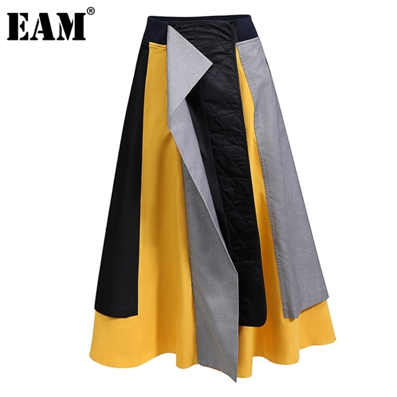

[EAM] High Elastic Waist Contrast Color Irregular Yellow Half-body Skirt Women Fashion Spring Autumn 1DD0725 210708