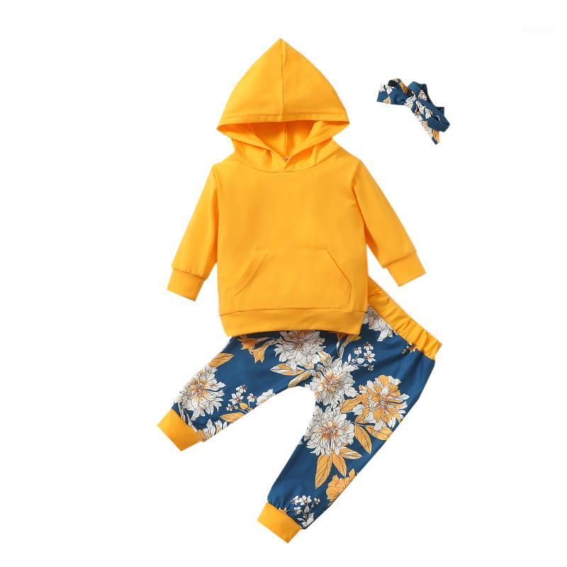 

Pcs Baby Girl Cotton Pullover Set, Yellow Long Sleeve Hoodie With Big Pocket, Loose Floral Trousers, Flower Bow Headband, White