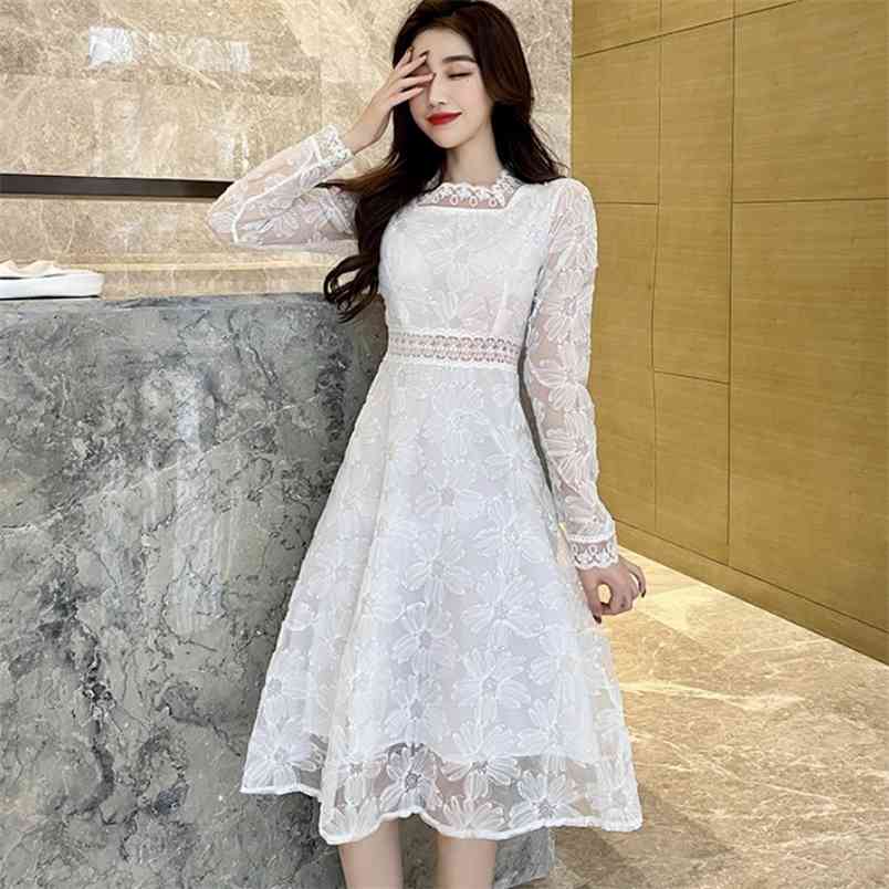 

Spring Fashion Flower Lace Embroidery Midi Dress Sweet Women Long Sleeve White Casual Slim Party Dresses Robe Vestidos 210519