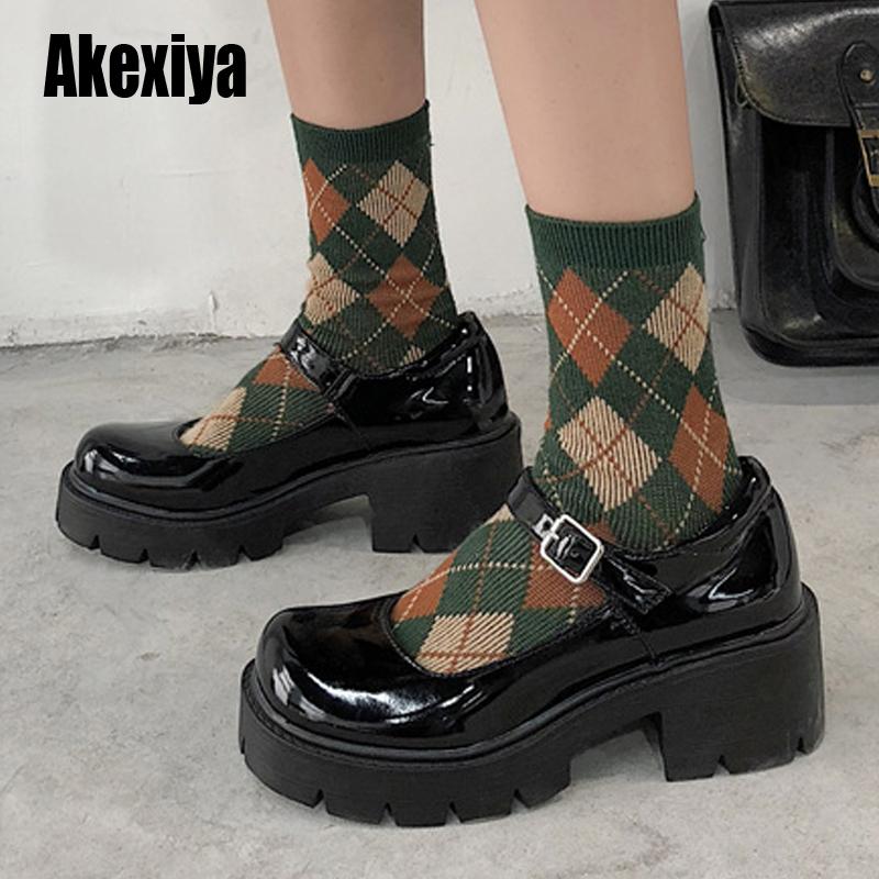 

Wedges Leather Shoes Women Spring Mary Jane Women's Black Round Toe High Heels Retro Platform Punk Lady Pumps U925 Dress, Black a