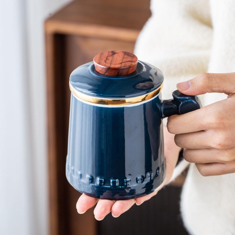 

Mugs Ceramic Mug With Liner Tea Water Office Coffee Cup Thermal Blue Drinkware Tableware Wooden Handle Gift Box Ideas