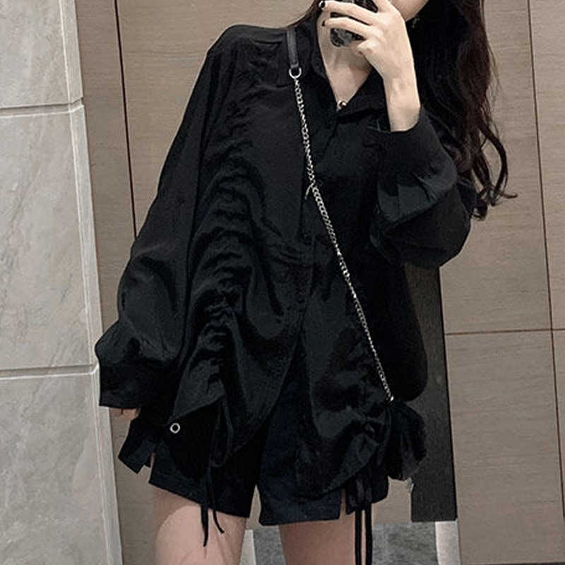 

Korean Loose Black Collar Blouse Winter Designer Women Long Sleeve Harajuku Tops Spring Casual Office Fashion Lady Clothes 210604, Black top