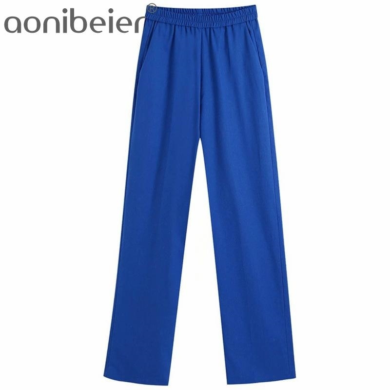 

Blue Women Long Trousers Summer Female Full Length Straight Pants Fashion Side Pockets Elastic High Waist Casual 210604