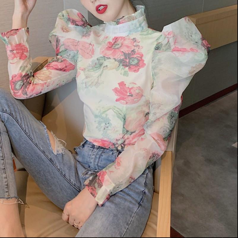 

retro casual ruffle turtleneck womens blouses puff long sleeve tunic ruched short shirts clothes, White