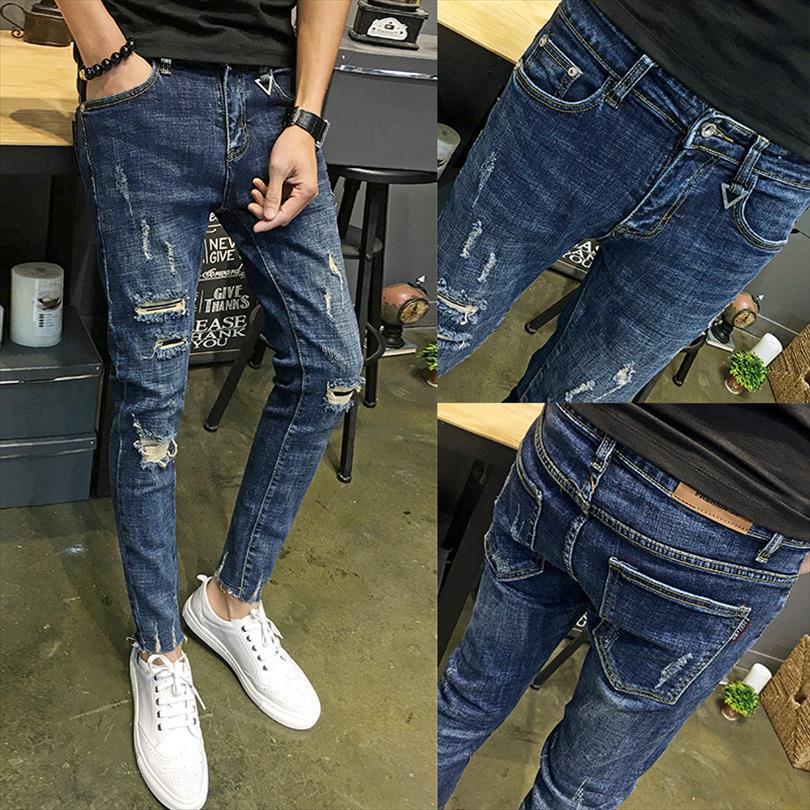 

wholesale fashion denim boys small women pant feet ripped holes cropped jeans thin social men beggar pencil, Black