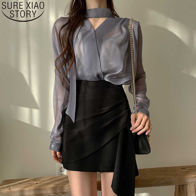 

Blusas Women Tops Lace-up Sunscreen Blouses Summer Long Sleeve Blouse Fashion V-neck Chiffon Blouse Bow Clothes 13863 210527, Gray