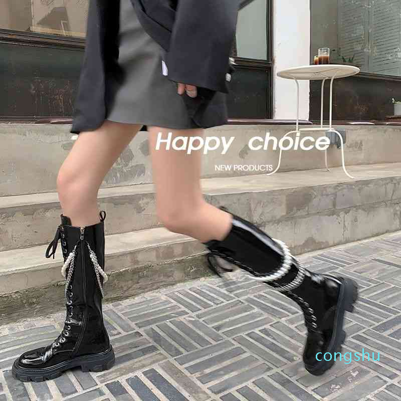 Bottes bottes femme tout match chevalier plateforme surélevée soudée chaîne de perles épaisse mais marteaux hauts pour femmes