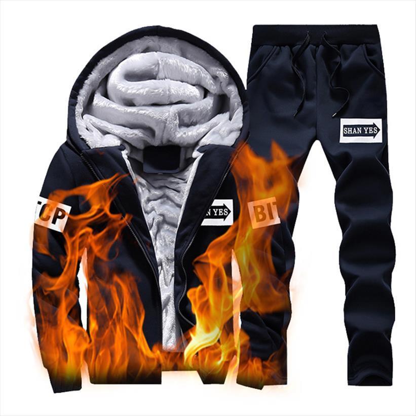 

winter warm fleece sports men tracksuit male hooded and sweatpant sets casual piece thick zipper suit outwear, Gray