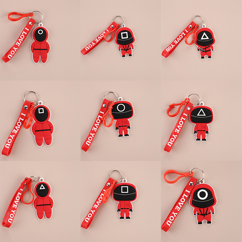 

Squid Game Keychain Masked Person Key Chain Ring Charm Pendant Jewelry Popular TV Cartoon Doll Model Anime Surrounding Wooden People Pontang PVC Fidget Toys Gifts