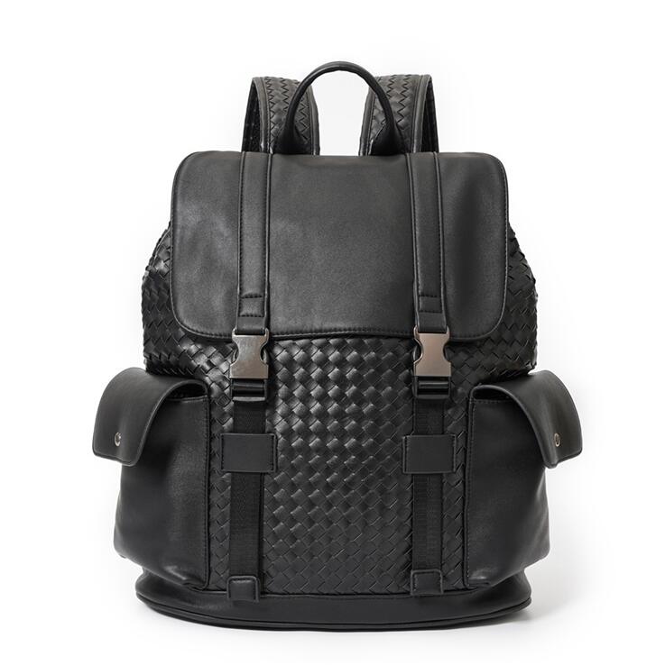 

Factory wholesale men brand shoulder bag leisure pocket decoration student backpacks large woven fashion handbag street trend travel leather backpack, Black