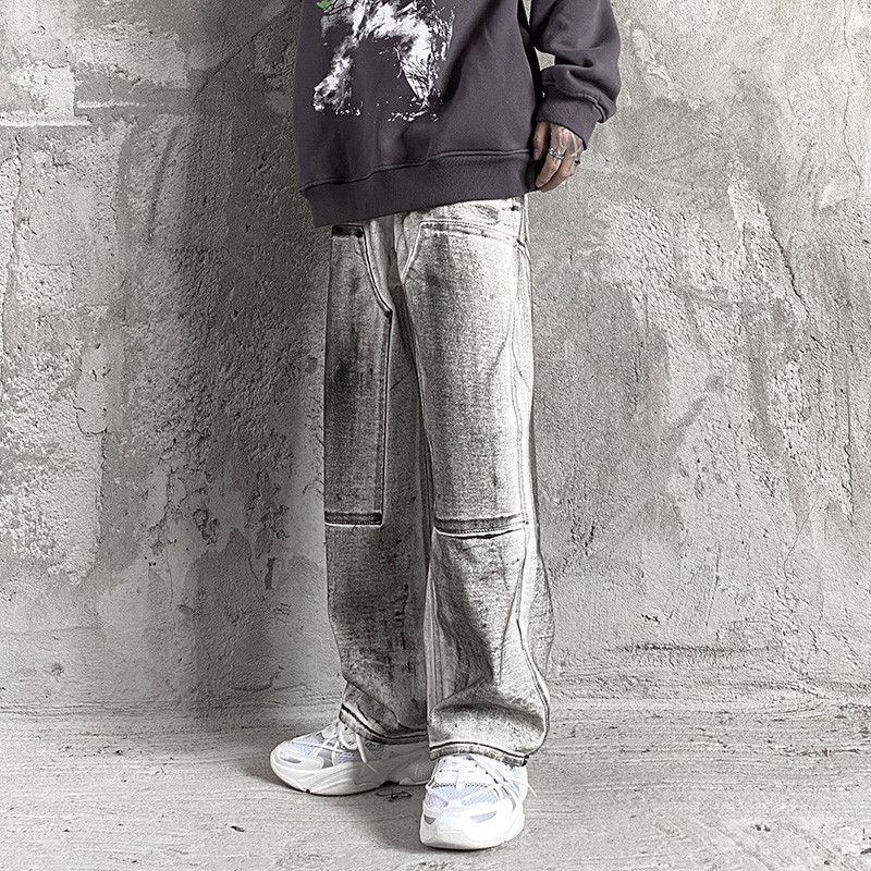 

Tie-dye Washed Loose Wide-leg Jeans Pants Men's High Street Zipper Knee Oversize Casual Denim Trousers Hip Hop Baggy Track Pants, Black