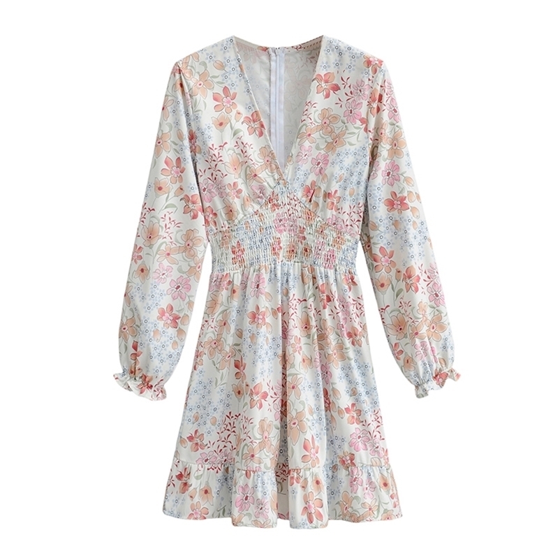 

Summer Women's Floral Dress Slim Fit Printing V-Neck Long Sleeve Female Clothing Lnee-Length 210524, Multi