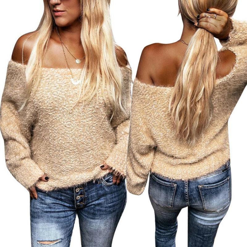 

Women' Sweaters Gradient Color Off Shoulder Furry Jersey Casual Women Crop Sweater Top Sexy Faux Fur Long Sleeve Solid, Black