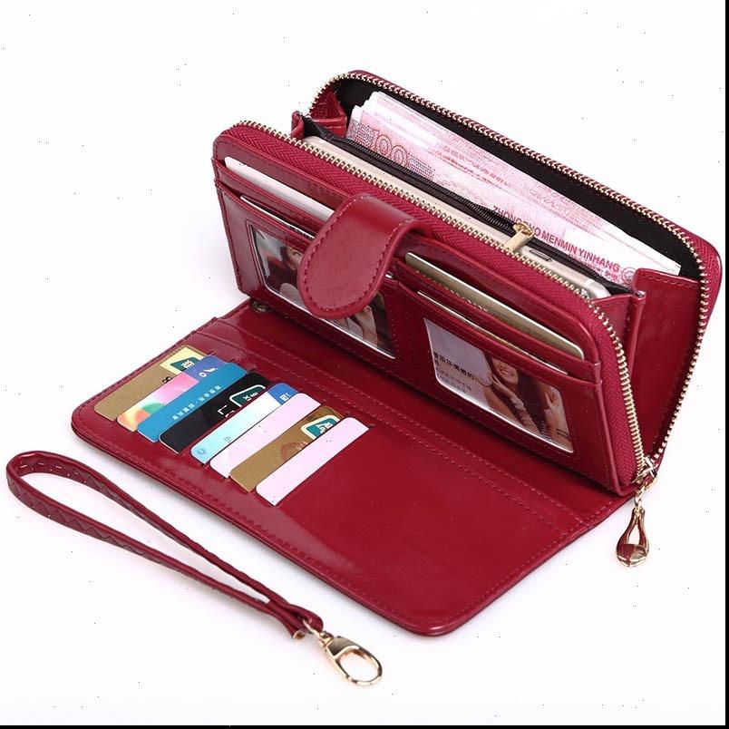 

women oil wax leather wallet female purses big capacity hasp zipper purse ladies long wristlet clutch coin card holders, Red;black