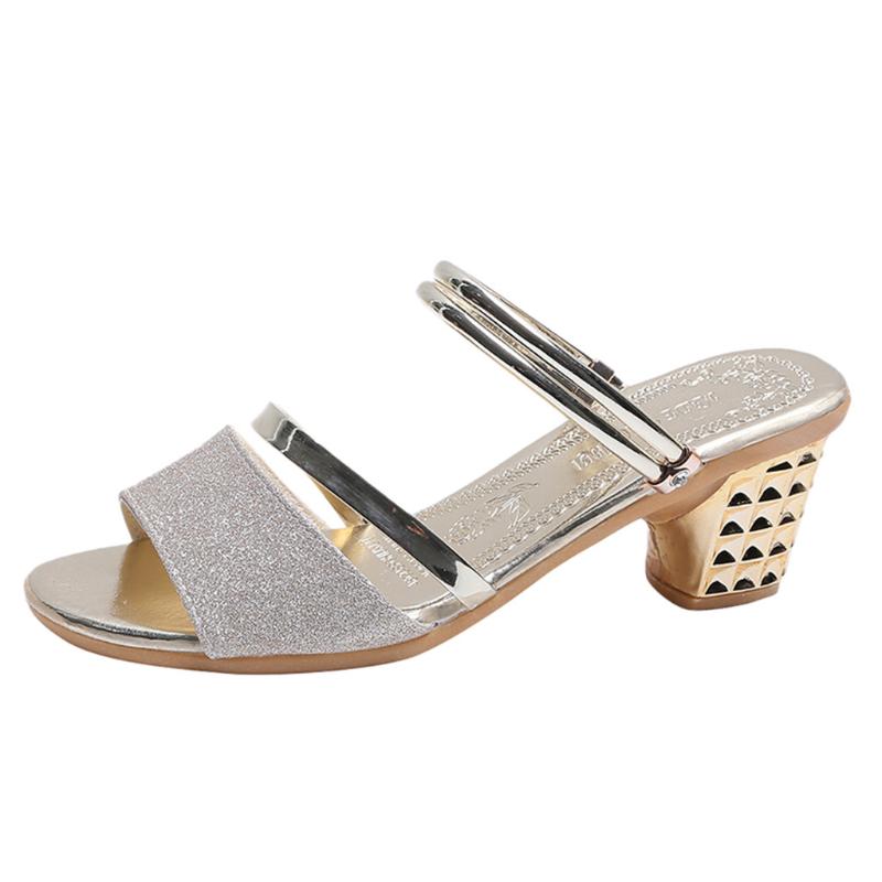 

High Heel Square Sandals Ladies Gold Heels Shoes Womens Slip On And Sandalias Mujer, Bk