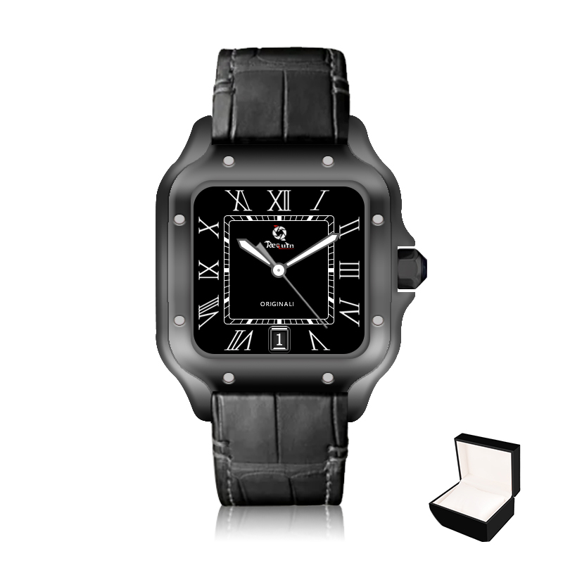 

Men's Automatic Mechanical Watch REQUIN Santo Black Stainless Steel Case Leather Strap W2SA Three-Hand Calendar Sapphire Dial Fashion Casual 100XL 42MM, Box