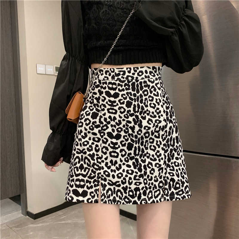 

Fashion Summer Skirt A-LINE Mini Kawaii Leopard High Waist Polyester Elastic Band  for Women Basic OL Clothes 210604, Photo color