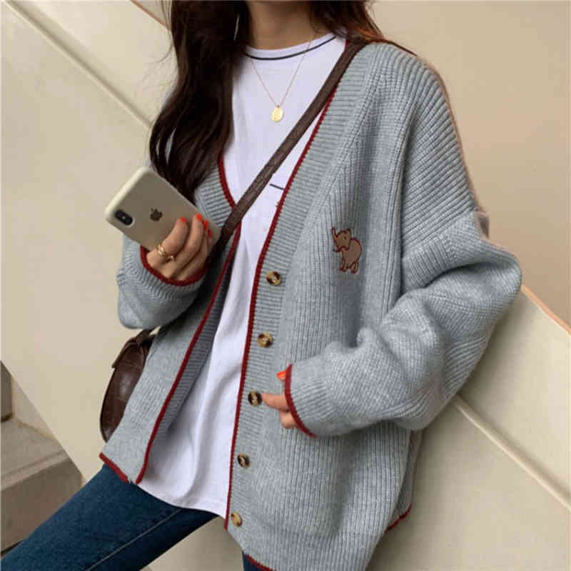 

Women's Leather & Faux Loose sweater with long sleeve for autumn and winter, knitted cardigan low-cut v, embroidered, women's clothing U81W, 1# shoe box