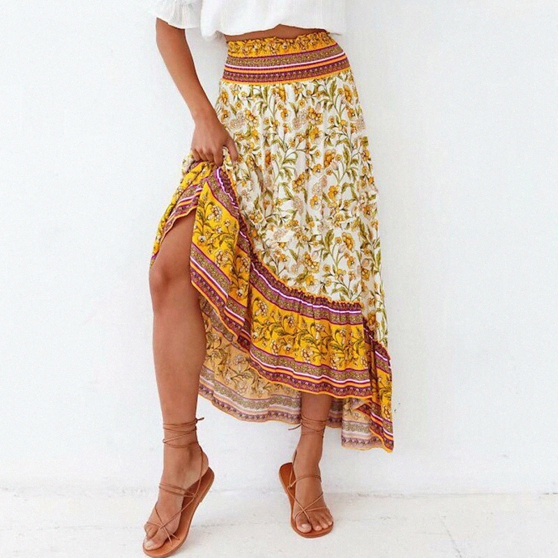 Vintage Vintage Boho Jupes Holiday Casual / Daily Floral Graphic Imprimer Jaune S M L / Maxi / Loose K1D5 #