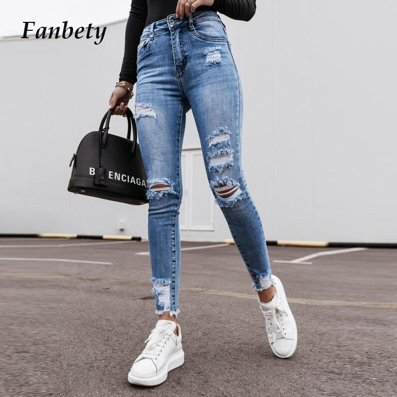 

Fashion Vintage Ripped Hole Pencil Long Pants Solid Jeans Women Spring Summer Casual High Waist Slim Denim Trousers Streetwears, 02 blue