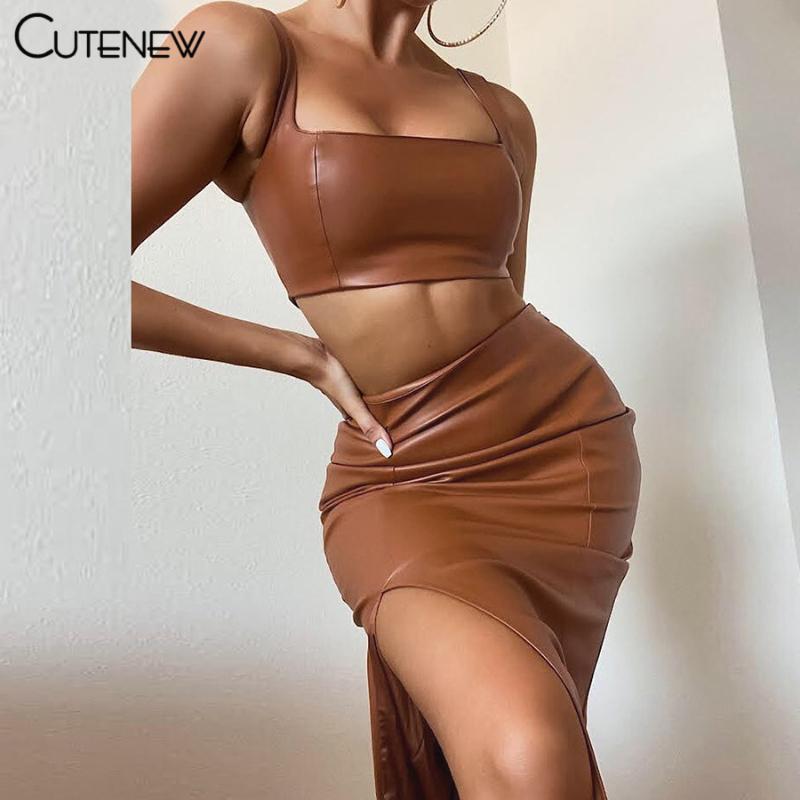 

Work Dresses Cute Solid PU Leather Two Piece Set Women Outfits Sexy Backless Tank Top+Skinny Side Slit Midi Skirt Matching Lady Streetwear, White;black
