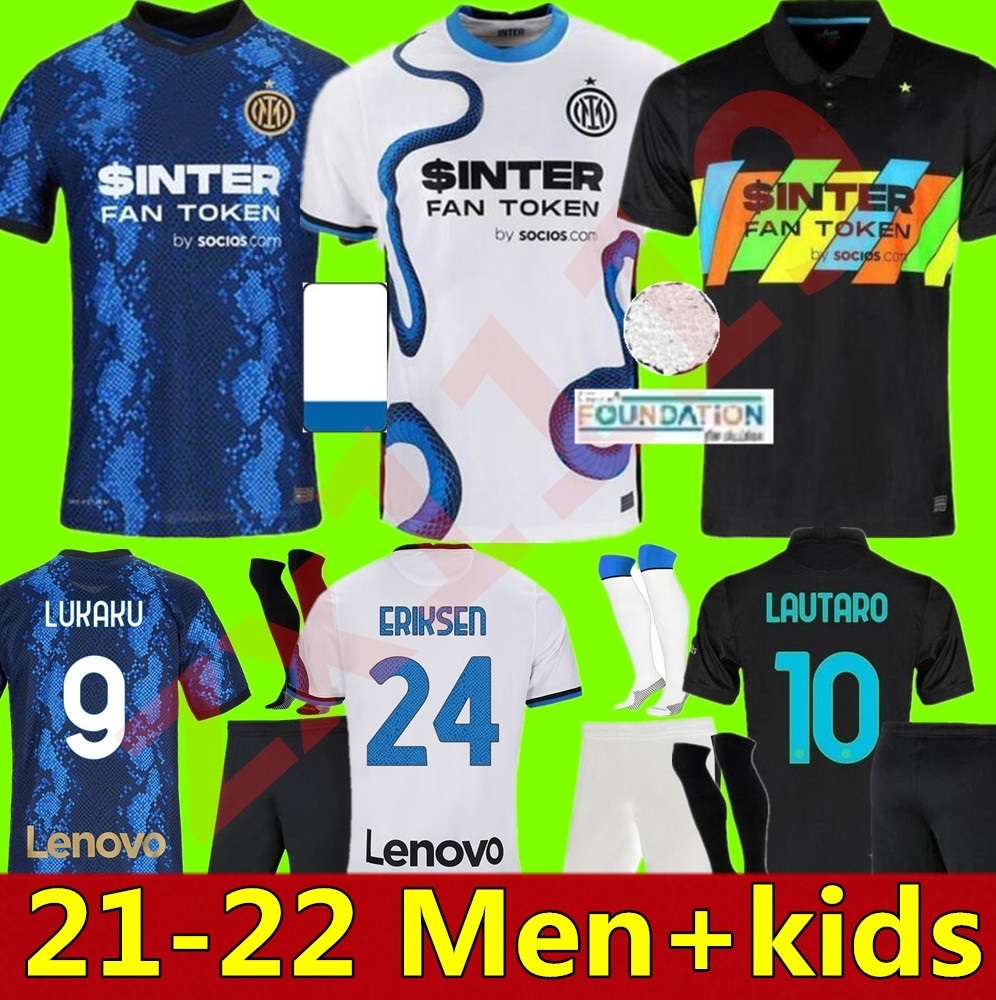 

21 22 soccer jersey VIDAL BARELLA LAUTARO ERIKSEN MILAN ALEXIS DZEKO CORREA football shirts 2021 2022 uniforms men + kids kit away third 3rd black tops, Kids home+patch