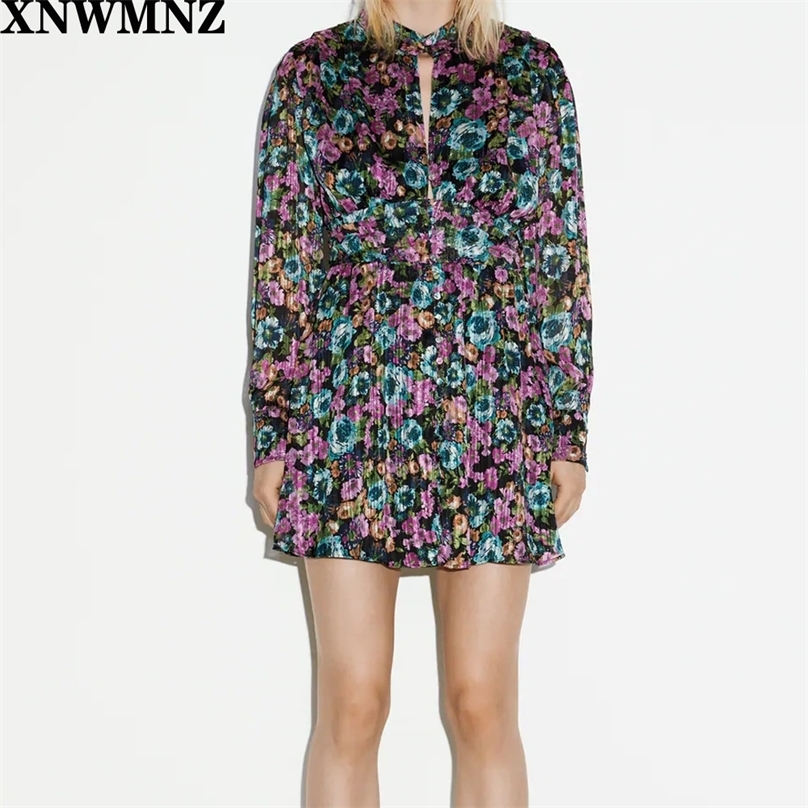 

women Fashion floral metallic thread dress ladies chic raised collar Long cuffed sleeves open chest mini Female 210520, Multi