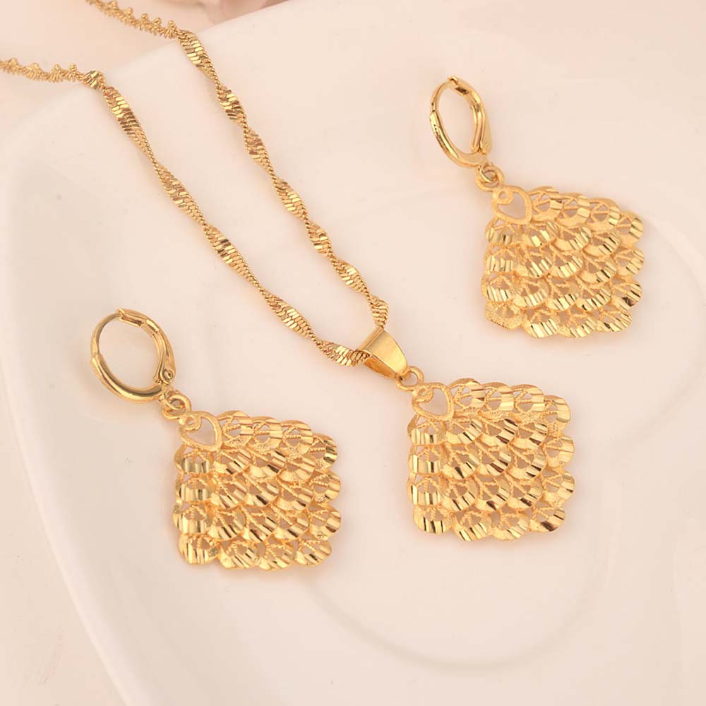 18k Yellow Fine Gold Two Pcs Set Korean style lanterns Pendant earring bling hanging dangle-image-678635569