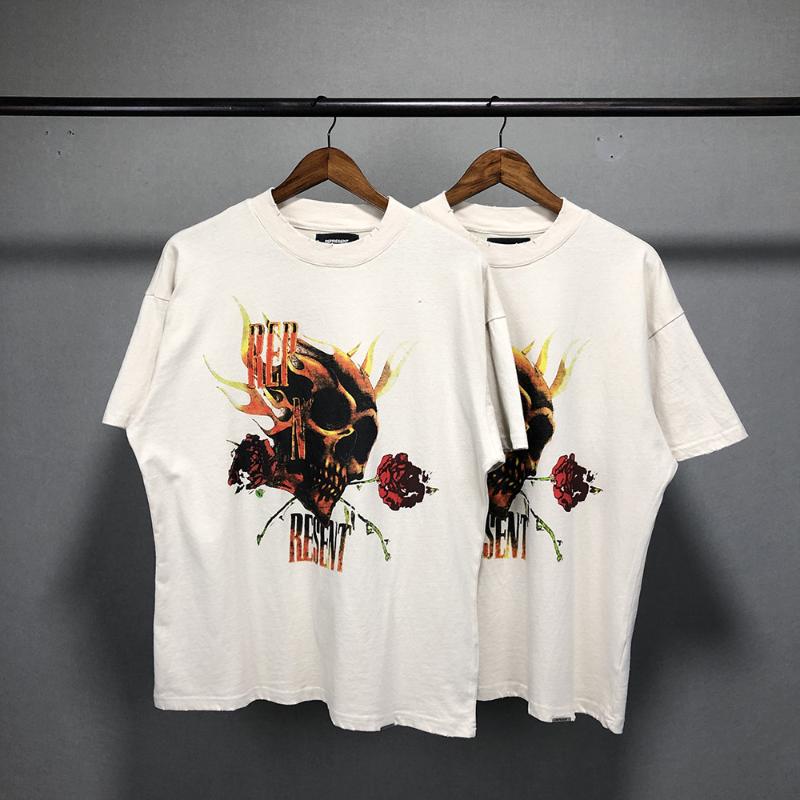 

Men' T-Shirts 21SS Rose Skeleton Represent T Shirts Loose Fit 100% Cotton Shirt High Street Vintage Men Women Top Tees, Beige