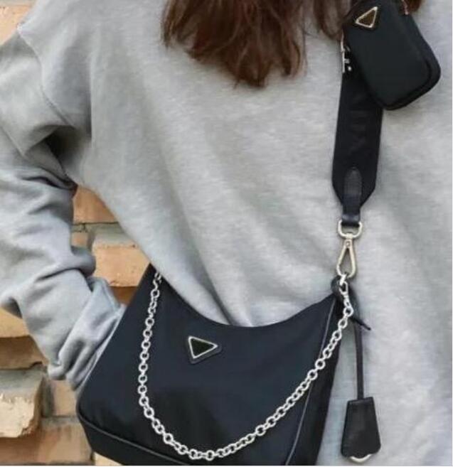

2023 Top three piece women single shoulder bag the most Multi Pocket accessory Nylon Leather Messenger cross body women's handbag, Black